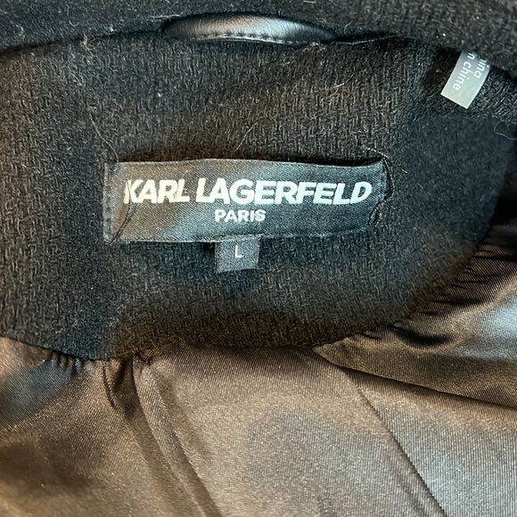 Karl Lagerfeld Black Wool Coat with Faux Leather Details Size L - Picture 6 of 8